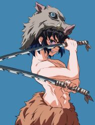 1boy abs ayamame birthday black_hair boar_mask commentary dual_wielding from_side green_eyes grin hand_up hashibira_inosuke highres holding holding_sword holding_weapon katana kimetsu_no_yaiba looking_at_viewer looking_to_the_side male_focus mask short_hair smile solo standing sword toned toned_male topless_male unworn_mask upper_body weapon