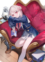 1girl armchair bare_legs belt book chair cover cover_page from_above grey_hair hair_ribbon head_on_arm highres holding holding_book layered_skirt light_smile long_sleeves lying miwano_rag novel_cover official_art oil_lamp on_chair on_side one_side_up oshikawa_riya red_eyes ribbon sailor_collar sailor_shirt second-party_source shirt skirt solo table tantei_ni_suiri_o_sasenaide_kudasai wooden_floor