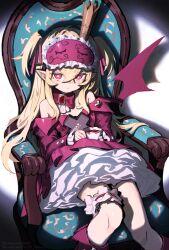 Rule 34 | 1girl, absurdres, armchair, bare shoulders, blonde hair, chair, crown, cup, dress, expressionless, flat chest, frilled thigh strap, highres, looking at viewer, original, pointy ears, red eyes, sitting, sleep mask, solo, symbol-shaped pupils, teacup, thigh strap, two side up, x-shaped pupils, zizi niisan