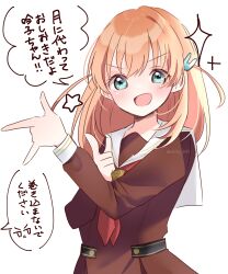 Rule 34 | 1girl, :&lt;, :d, \m/, absurdres, aqua eyes, bishoujo senshi sailor moon, brown dress, commentary, crossed bangs, dress, hair ornament, hasu no sora school uniform, highres, hinoshita kaho, jitome, link! like! love live!, long sleeves, looking at viewer, love live!, medium hair, neckerchief, open mouth, orange hair, rabbit hair ornament, red neckerchief, ririn (ririn 501), sailor collar, sailor dress, school uniform, simple background, smile, solo, sparkle, speech bubble, star (symbol), translated, triangle mouth, tsuki ni kawatte oshioki yo, twitter username, two side up, v-shaped eyebrows, virtual youtuber, white background, white sailor collar, winter uniform