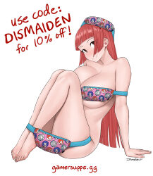 Rule 34 | 1girl, absurdres, aki-chan (dismaiden), blunt bangs, breasts, brown eyes, commentary, dismaiden, english commentary, english text, eyes visible through hair, fanny pack, highres, large breasts, long hair, nude, original, red hair, signature, solo, toes, watermark, web address