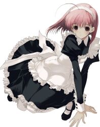 1girl ahoge apron back_bow black_dress black_shoes bow closed_mouth collared_dress dress expressionless frilled_apron frilled_dress frills full_body highres juliet_sleeves long_dress long_sleeves looking_at_viewer maid maid_apron mary_janes numata_eki original pantyhose pink_eyes pink_hair puffy_sleeves shoes short_hair simple_background sleeve_cuffs solo squatting straight_hair white_apron white_background white_bow white_pantyhose white_sleeve_cuffs