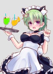 1girl alternate_costume animal_ear_fluff animal_ear_hairband animal_ears apron black_choker black_dress black_hairband breasts cat_ears choker cleavage cocktail cocktail_glass commentary_request cowboy_shot cup dress drinking_glass embarrassed enmaided eyes_visible_through_hair fake_animal_ears frilled_apron frilled_dress frills green_hair grey_background hair_between_eyes hairband hands_up highres holding holding_tray impossible_clothes looking_at_viewer maid maid_apron maid_headdress medium_breasts minatoto nomura_miki open_mouth paw_pose pink_eyes short_hair short_sleeves simple_background solo spiked_hair summer_pockets sweatdrop tray v-shaped_eyebrows white_apron white_wrist_cuffs wrist_cuffs