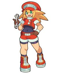 Rule 34 | 1girl, :d, absurdres, belt, black bodysuit, blonde hair, bodysuit, bodysuit under clothes, brown gloves, buttons, covered navel, cropped jacket, full body, gloves, green eyes, hat, highres, holding, holding wrench, jacket, kekeken, looking at viewer, mega man (series), mega man legends (series), newsboy cap, open mouth, red jacket, red shorts, roll caskett (mega man), shorts, simple background, smile, solo, teeth, thighs, upper teeth only, white background, wrench