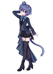 1boy absurdres animal_ears black_boots black_shirt black_shorts blue_eyes blue_hair boots buttons cat_boy cat_ears cat_tail commission crown floppy_ears frilled_shirt frills full_body garter_straps grey_jacket grey_vest hand_up highres indie_virtual_youtuber jacket kigidere long_sleeves looking_at_viewer male_focus mini_crown nyaonix open_clothes open_jacket second-party_source shirt short_hair shorts simple_background solo standing tail thighhighs trap vest white_background