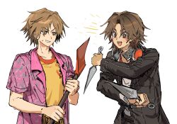 2boys :d axe black_jacket blush_stickers brown_hair crossover daisuke_(mouthwashing) grin hanamura_yousuke headphones headphones_around_neck highres holding holding_axe holding_kunai holding_weapon jacket kunai looking_at_another male_focus mouthwashing multiple_boys natwjeq open_mouth persona persona_4 pink_jacket school_uniform shirt short_hair simple_background smile star-shaped_pupils star_(symbol) sweat symbol-shaped_pupils teeth upper_body very_short_hair weapon white_background yasogami_school_uniform yellow_shirt