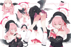 Rule 34 | &lt;|&gt; &lt;|&gt;, 1girl, :3, :o, absurdres, ass, bag, bare shoulders, bent over, beret, black hat, black shirt, black wings, blue archive, blush, book, chibi, chibi inset, closed mouth, commentary request, covering ass, covering privates, crying, feathered wings, flustered, flying sweatdrops, halo, hat, head wings, heart, highres, koharu (blue archive), long hair, long sleeves, looking at viewer, loose socks, low twintails, low wings, marker, multiple views, neckerchief, off shoulder, open mouth, panties, pink eyes, pink hair, pink halo, pink neckerchief, pink skirt, pleated skirt, puffy long sleeves, puffy sleeves, sailor collar, school bag, school uniform, shirt, skirt, smile, snail, socks, spoken blush, standing, striped clothes, striped panties, tears, twintails, underwear, upside-down, wavy mouth, white sailor collar, white socks, winged halo, wings, zhuozhuozhuo