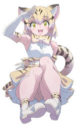 1girl :3 animal_ears animal_print back_bow bare_shoulders blonde_hair blush bow bowtie brown_hair cat_ears cat_girl cat_print cat_tail elbow_gloves extra_ears frilled_skirt frills gloves hair_between_eyes high-waist_skirt kemono_friends looking_at_viewer lowlandgorilla multicolored_hair open_mouth print_bow print_bowtie print_gloves print_skirt print_socks salute sand_cat_(kemono_friends) shirt shoes short_hair sidelocks sitting skirt sleeveless socks solo tail teeth white_gloves white_hair white_shirt white_shoes yellow_eyes yellow_skirt