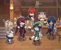 &gt;_&lt; 2girls 4boys alcohol bar_(place) bar_stool barbara_(genshin_impact) barrel beer beret black_dress black_gloves black_hair blonde_hair blue_hair bottle braid closed_mouth commentary cup dahlia_(genshin_impact) dark-skinned_male dark_skin diluc_(genshin_impact) dress drill_hair drinking drinking_glass english_commentary eyepatch flying_sweatdrops foam full_body genshin_impact gloves gradient_hair green_hat green_shorts hair_between_eyes hat highres holding holding_cup hurricane_glass index_finger_raised kaeya_(genshin_impact) long_hair long_sleeves multicolored_hair multiple_boys multiple_girls nun on_stool open_mouth pantyhose pixel_art ponytail ppyok_1017 purple_eyes purple_hair red_hair rosaria_(genshin_impact) short_hair shorts sitting stool tankard twin_braids twin_drills twintails twitter_username veil venti_(genshin_impact) very_long_hair vision_(genshin_impact) white_dress white_hat white_pantyhose wooden_floor