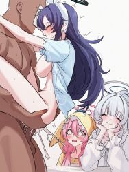 1boy 3girls absurdres animal_costume animal_print aqua_pajamas bed black_halo blue_archive blue_pajamas breasts cat_print closed_eyes clothed_sex commentary cosplay cum cum_in_pussy cum_overflow doodle_sensei_(blue_archive) ejaculation english_commentary frilled_pajamas frills grey_hair hairband halo hands_on_own_face hetero highres hood hood_up hooded_pajamas kigurumi koyuki_(blue_archive) koyuki_(pajamas)_(blue_archive) large_breasts leg_lock lifting_person long_hair mechanical_halo multiple_girls nightgown nipples noa_(blue_archive) noa_(pajamas)_(blue_archive) nude official_alternate_costume onesie open_pajamas pajamas paper_on_head penis pink_hair pink_halo ponytail print_pajamas purple_hair rabbit_costume rabbit_pajamas seminar_(blue_archive) senapops sensei_(blue_archive) sex simple_background sleepwear smile standing_leg_lock straddling suspended_congress tears testicles twintails uncensored white_background white_eyes white_hair white_hairband white_halo white_nightgown white_pajamas yellow_pajamas yuuka_(blue_archive) yuuka_(pajamas)_(blue_archive)