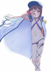 Rule 34 | 1girl, ;), arm behind back, backlighting, bikini, blue hair, brown hair, coat, coat on shoulders, colored inner hair, commentary, criss-cross halter, dot nose, epaulettes, feet out of frame, flat chest, groin, halterneck, hand over face, hand up, happyundergate, hat, highres, hozuki momiji, leg ribbon, light blush, looking at viewer, multicolored hair, navel, official alternate costume, official alternate hair length, official alternate hairstyle, one eye closed, onii-chan wa oshimai!, open clothes, open coat, peaked cap, pink bikini, red eyes, ribbon, simple background, smile, solo, standing, stomach, swimsuit, two-tone hair, white background, white coat, wrist cuffs