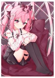 Rule 34 | 1girl, absurdres, anleewind, black skirt, black thighhighs, blue sailor collar, border, bow, closed mouth, commentary request, diamond facial mark, elbow cutout, facial mark, full body, hair bow, highres, knees up, long hair, long sleeves, original, pillow, pink eyes, pink hair, sailor collar, shirt, sitting, skirt, smile, solo, thigh strap, thighhighs, twintails, white border, white shirt