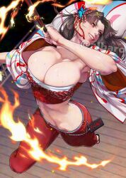 Rule 34 | 1girl, albaro, armpits, ass, bare shoulders, breasts, bustier, butterfly hair ornament, cleavage, collarbone, fatal fury, fire, folded fan, folding fan, hair ornament, hand fan, haori, holding, holding fan, huge breasts, japanese clothes, long hair, looking to the side, midair, midriff, official alternate costume, official alternate hairstyle, pants, red bustier, red pants, shiranui mai, smile, snk, solo, street fighter, street fighter 6, the king of fighters, toned, toned female