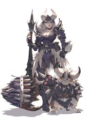 1girl 1other absurdres arm_at_side armor armored_boots belt blue_eyes bodysuit boots breastplate breasts brown_hair cat cleavage fake_claws fake_horns felyne full_body furry gauntlets hammer helmet highres holding holding_hammer horned_helmet horns legs_apart loincloth long_hair monster_hunter_(character) monster_hunter_(series) nergigante_(armor) open_mouth polearm shoulder_armor shoulder_spikes simple_background smile spikes standing thigh_boots touro war_hammer weapon white_background