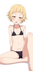 1girl absurdres arched_bangs arms_at_sides bare_arms bare_legs bare_shoulders barefoot bikini black_bikini blonde_hair blunt_bangs blush breasts cameltoe collarbone commentary_request flat_chest foot_out_of_frame full_body head_tilt highres knee_blush knee_up leaning_back legs_apart light_blush loli looking_at_viewer monogatari_(series) na-suke narrowed_eyes open_mouth oshino_shinobu panties ringed_eyes shadow short_hair shoulder_blush simple_background sitting small_breasts solo swimsuit thighs underwear v-shaped_eyebrows variant_set white_background yellow_eyes