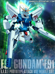 afterimage ammotu beam_cannon blue_eyes cable character_name commentary deviantart_username double_beam_cannon energy english_commentary f91_gundam glowing gundam gundam_f91 machinery mecha mecha_focus mobile_suit no_humans photoshop_(medium) robot science_fiction signature space star_(sky) thrusters v-fin weapon
