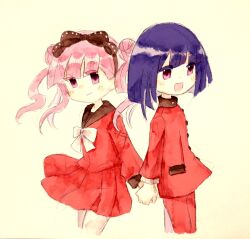 1boy 1girl black_bow black_hairband black_headband blush bow brother_and_sister closed_mouth hair_bow hairband headband holding_hands long_hair matching_hair/eyes open_mouth pants pink_eyes pink_hair pleated_skirt purple_hair red_pants red_shirt red_skirt shirt siblings simple_background skirt smile standing the_hundred_line_-last_defense_academy- tsukumo_ima tsukumo_kako twins twintails white_bow yellow_background