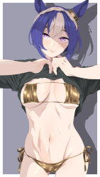 Rule 34 | 1girl, absurdres, alternate costume, animal ears, arms up, bikini, black shirt, blue hair, breasts, cesario (umamusume), cleavage, closed mouth, clothes lift, commentary request, ear ornament, gold bikini, grey background, hair between eyes, highres, horse ears, horse girl, horse tail, kumabachi315, lifting own clothes, multicolored hair, navel, outside border, shadow, shirt, shirt lift, side-tie bikini bottom, simple background, small breasts, smile, solo, stomach, streaked hair, swimsuit, tail, umamusume, white hair