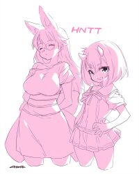 Rule 34 | 2girls, animal ear fluff, animal ears, artist name, closed eyes, closed mouth, commentary request, cowboy shot, glasses, grin, hair between eyes, hand on own hip, hentatsu, highres, horns, long hair, looking at viewer, monochrome, mudou eichi, multiple girls, neck ribbon, neko (hentatsu), off-shoulder shirt, off shoulder, oni (hentatsu), oni horns, pink theme, pleated skirt, ribbon, sailor collar, sash, shirt, short hair, short sleeves, simple background, single bare shoulder, skirt, smile