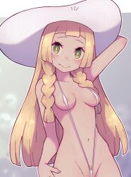 1girl areola_slip arm_up bikini blonde_hair blush braid breasts collarbone cropped female_pubic_hair green_eyes hand_on_own_hip hat lamb-oic029 lillie_(pokemon) long_hair looking_at_viewer micro_bikini navel nintendo partially_visible_vulva pokemon pokemon_sm pubic_hair slingshot_swimsuit small_breasts smile solo sparse_pubic_hair sun_hat swimsuit white_hat