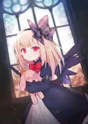 1girl :t absurdres black_dress black_ribbon black_wings blonde_hair dark_feather_alma dress emil_chronicle_online hair_ribbon highres holding holding_stuffed_toy looking_at_viewer pointy_ears red_eyes red_ribbon ribbon solanophenico stuffed_toy window wings