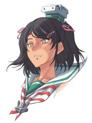 1girl anchor black_eyes black_hair braid brown_eyes dark-skinned_female dark_skin gundam hair_ornament hair_ribbon hairclip head highres kantai_collection name_connection paptimus_scirocco parody ribbon sailor_collar scirocco_(kancolle) short_hair sozan sweat sweatdrop tan twintails two_side_up upper_body white_background zeta_gundam