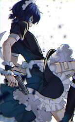 Rule 34 | 1boy, apron, black dress, black thighhighs, black wrist cuffs, blue eyes, blue hair, bow, covered mouth, crossdressing, crossdressing (mtf), dress, facing to the side, flat chest, frilled dress, frilled sleeves, frills, gun, highres, holding, holding gun, holding weapon, holster, knee up, looking to the side, maid, maid apron, maid headdress, male focus, official alternate costume, persona, persona 3, thigh holster, thighhighs, tsukitaka, twintails, weapon, white background, white bow, wrist cuffs, yuuki makoto (persona 3)