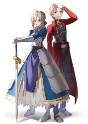 1boy 1girl ahoge alternate_hairstyle archer_(fate) archer_(fate)_(cosplay) armor armored_dress artoria_pendragon_(fate) blue_dress blue_ribbon blush caelus_(honkai:_star_rail) closed_mouth commentary_request cosplay cropped_jacket crossover dress excalibur_(fate/stay_night) fate/stay_night fate_(series) full_body gauntlets grey_hair hair_ribbon hands_on_hilt highres honkai:_star_rail honkai_(series) jacket juliet_sleeves long_hair long_sleeves looking_at_viewer plackart puffy_sleeves red_jacket ribbon saber_(fate) saber_(fate)_(cosplay) sarasara_shoyu short_hair simple_background smile stelle_(honkai:_star_rail) sword trailblazer_(honkai:_star_rail) weapon white_background yellow_eyes