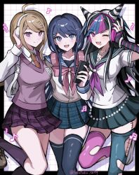 Rule 34 | 3girls, ahoge, akamatsu kaede, black sailor collar, black skirt, black thighhighs, blue eyes, blue hair, blue skirt, collared shirt, commentary, danganronpa: trigger happy havoc, danganronpa (series), danganronpa 2: goodbye despair, danganronpa v3: killing harmony, fuku sa, headphones, headphones around neck, highres, looking at viewer, maizono sayaka, mioda ibuki, multicolored hair, multiple girls, musical note, neckerchief, necktie, one eye closed, orange necktie, pink hair, pink vest, plaid clothes, plaid skirt, pleated skirt, purple neckerchief, purple skirt, purple socks, sailor collar, shirt, skirt, socks, symbol-only commentary, thighhighs, torn clothes, torn thighhighs, twitter username, vest, white shirt