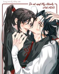 Rule 34 | 2boys, ahoge, bishounen, black hair, black hanfu, blush, chinese clothes, couple, eyelashes, hair tie, hanfu, headband, highres, hug, kiss, kissing cheek, korean commentary, lan wangji, lipstick mark, long hair, long sleeves, looking at viewer, male focus, modao zushi, multiple boys, nave mdzs, parted lips, ponytail, purple eyes, red sash, robe, sash, sidelocks, sleeves past wrists, smile, topknot, twitter username, upper body, wei wuxian, white background, white hanfu, white headband, wide sleeves, yaoi, yellow eyes