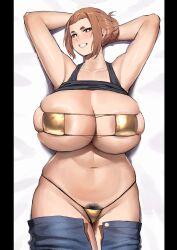 1girl armpits arms_behind_head arms_up bikini breasts bursting_breasts clothes_lift clothes_pull cowboy_shot dakimakura_(medium) denim ethan69_(anhuzart) gold_bikini groin highres huge_breasts kaii_to_otome_to_kamikakushi lying mature_female navel ogawa_sumireko on_back on_bed pants pants_pull pubic_hair pubic_hair_peek shirt_lift solo swimsuit
