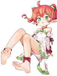 1girl barefoot blush chaosexceed commentary detached_sleeves dress green_eyes highres looking_at_viewer original paid_reward_available pointy_ears simple_background sitting soles solo strapless strapless_dress toes white_background white_dress