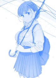 1girl ai-chan_(tawawa) bag blue_theme braid breast_pocket breasts closed_mouth collared_shirt commentary getsuyoubi_no_tawawa highres himura_kiseki holding holding_umbrella large_breasts long_sleeves looking_at_viewer monochrome necktie pleated_skirt pocket rain school_bag school_uniform shirt shirt_tucked_in short_hair simple_background skirt sleeves_rolled_up smile solo thighs umbrella water_drop white_background