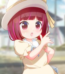 1girl arima_kana beenyan_1203 blunt_bangs bob_cut bow child collared_dress dress frilled_dress frills hat hat_bow highres inverted_bob neck_ribbon oshi_no_ko red_eyes red_hair ribbon solo white_ribbon yellow_dress