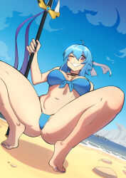 Rule 34 | 1girl, ahoge, barefoot, beach, bikini, blue bikini, blue hair, blue sky, blush, breasts, cleavage, cloud, commission, commissioner upload, dekura, fingerless gloves, fire emblem, fire emblem: genealogy of the holy war, front-tie bikini top, front-tie top, gloves, headband, highleg, highleg bikini, highres, holding, holding polearm, holding weapon, if they mated, jewelry, looking at viewer, navel, necklace, nintendo, ocean, one eye closed, open fly, original, outdoors, planted, polearm, purple eyes, sand, selia (mrtalkingdino), shore, short hair, sidelocks, skindentation, sky, smile, solo, spread legs, squatting, stomach, string bikini, swimsuit, tiptoes, tomboy, water, weapon, white headband