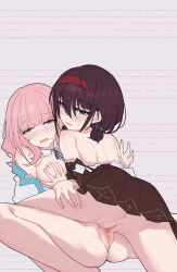 Rule 34 | 2girls, blush, breasts, brown hair, censored, chinese commentary, commentary request, girls band cry, grey eyes, hairband, highres, hina (girls band cry), iseri nina, long hair, low twintails, medium breasts, mosaic censoring, multiple girls, nipples, open mouth, pink hair, pussy, red hairband, short hair, short twintails, tribadism, twintails, yun cao bing, yuri