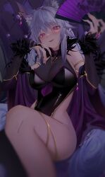 1girl absurdres animal_ear_fluff animal_ears blush breasts commission dress ear_ornament fishnets folding_fan fox_ears fox_girl grey_hair hair_between_eyes hand_fan hands_up highres holding holding_fan large_breasts long_hair looking_at_viewer original oyaji_hime parted_lips purple_dress purple_eyes second-party_source sitting skeb_commission solo suirin_(tukikagerou)