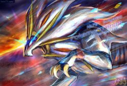 animal_focus artist_name character_name claws commentary_request copyright_name creatures_(company) from_side game_freak gen_7_pokemon glowing glowing_eyes legendary_pokemon lion mane nanami_lusia nintendo no_humans open_mouth pokedex_number pokemon pokemon_(creature) pokemon_focus solgaleo solo watermark web_address