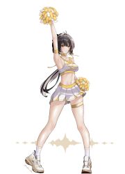 Rule 34 | 1girl, absurdres, alternate costume, antenna hair, arm up, armpits, bare shoulders, black hair, breasts, cheerleader, chikarit, closed mouth, commentary request, crop top, female rover (wuthering waves), full body, hair ribbon, has bad revision, has downscaled revision, highres, large breasts, long hair, looking at viewer, md5 mismatch, navel, pom pom (cheerleading), resolution mismatch, ribbon, rover (wuthering waves), shirt, shoes, simple background, skirt, smile, socks, solo, source smaller, stomach, triangle mouth, white background, white shirt, white shoes, white skirt, white socks, wuthering waves, yellow eyes, yellow ribbon