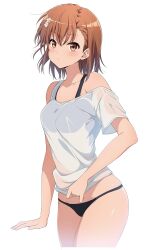 Rule 34 | 1girl, absurdres, bare shoulders, black bra, black panties, blush, bra, bra strap, breasts, brown eyes, brown hair, flower, groin, hair flower, hair ornament, highres, looking at viewer, medium breasts, medium hair, midriff peek, misaka mikoto, nishizuki shino, panties, shirt, simple background, single off shoulder, solo, thighs, toaru majutsu no index, underwear, wet, wet clothes, wet shirt, white background, white flower, white shirt