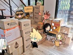 aerith_gainsborough animal barret_wallace black_hair blonde_hair blue_eyes blush box braid brown_hair cardboard_box chibi cloud_strife dark-skinned_male dark_skin final_fantasy final_fantasy_vii final_fantasy_vii_remake green_eyes hair_ribbon indoors laughing long_hair mindcreator parted_bangs photo_background pink_ribbon red_eyes red_xiii ribbon scar scar_across_eye scar_on_face sephiroth short_hair silver_hair sparkle spiked_hair square_enix stalking sunglasses sweatdrop tifa_lockhart