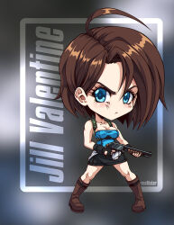 1girl artist_name black_gloves black_skirt blue_eyes blue_tube_top boots brown_boots brown_hair character_name chibi commission fingerless_gloves gloves gun holding holding_gun holding_weapon jill_valentine karosu_maker miniskirt resident_evil resident_evil_3:_nemesis short_hair shotgun skirt strapless tube_top weapon