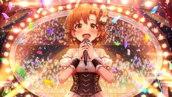 armlet confetti corset earrings game_cg hair_ornament holding holding_microphone idolmaster idolmaster_million_live! idolmaster_million_live!_theater_days jewelry microphone official_art open_mouth stage_lights wrist_cuffs yabuki_kana yellow_eyes