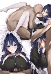 1boy 1girl apron bed_sheet black_dress blue_eyes blue_hair braid breasts button_gap clothed_female_nude_male cum cum_on_body cum_on_breasts cum_on_upper_body dark-skinned_male dark_skin dress facial frilled_apron frilled_hat frills hair_intakes hair_over_shoulder hat hetero highres hololive hololive_english inukai_mofu juliet_sleeves large_breasts long_hair long_sleeves low_twin_braids lying maid maid_apron male_pubic_hair missionary mob_cap nipples no_shoes nude official_alternate_costume official_alternate_hairstyle on_back ouro_kronii ouro_kronii_(maid) paid_reward_available paizuri penis pubic_hair puffy_sleeves sex thighhighs twin_braids victorian_maid virtual_youtuber white_apron white_hat white_thighhighs