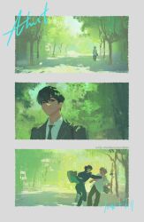 2boys alien_stage black_eyes black_hair black_necktie border character_name fang grey_hair hair_between_eyes highres ivan_(alien_stage) looking_at_another multiple_boys necktie sberrymacchiato shirt short_hair smile standing standing_on_one_leg till_(alien_stage) tree upper_body watercolor_effect white_border white_shirt