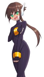 Rule 34 | 1girl, @ @, aile (mega man zx), armlet, black bodysuit, blush, bodysuit, breasts, brown hair, commentary, covered navel, covering breasts, covering crotch, covering privates, cowboy shot, green eyes, highres, jewelry, jinggun, long hair, mega man (series), mega man zx, mega man zx advent, open mouth, ponytail, robot ears, simple background, solo, upper body, white background