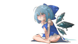1girl ahoge bare_shoulders barefoot blue_bow blue_dress blue_eyes blue_hair blush bow cirno dress exhausted hair_bow highres ice ice_wings indian_style kumanou22 melting off_shoulder parted_lips shadow short_hair simple_background sitting solo sweat touhou white_background wings