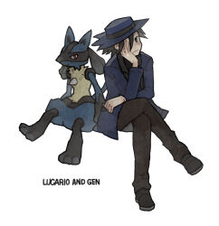Rule 34 | 1boy, absurdres, black hair, black pants, black shoes, blue hat, blue jacket, character name, closed mouth, commentary request, crossed legs, gen 4 pokemon, hat, head rest, highres, ichi kawa ichi, invisible chair, jacket, long sleeves, lucario, male focus, nintendo, pants, pokemon, pokemon (creature), pokemon dppt, riley (pokemon), shoes, short hair, sitting, smile, white background