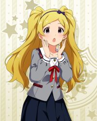 1girl black_skirt blonde_hair breasts buttons chestnut_mouth collar collarbone cowboy_shot dot_nose emily_stewart eyelashes fluffy_hair grey_serafuku grey_shirt hairband hands_up idolmaster idolmaster_million_live! idolmaster_million_live!_theater_days junior_high_schoolmate_(idolmaster) light_blush long_hair long_sleeves looking_at_viewer neck_ribbon official_alternate_costume official_art parted_bangs plaid_clothes plaid_collar pleated_skirt purple_eyes red_ribbon ribbon school_uniform serafuku shirt sidelocks skirt small_breasts solo star_(symbol) star_symbol_background twintails very_long_hair wavy_hair white_collar