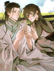 2boys alternate_costume artist_request bishounen black_dress black_hair blue_sky brown_eyes brown_hair cellphone china_dress chinese_clothes chinese_commentary cleavage_cutout closed_mouth clothing_cutout cloud commission dao_gui_yi_xian day dress hair_between_eyes hair_bun half_updo hanfu highres holding holding_phone li_huowang long_hair long_sleeves looking_at_another male_focus multiple_boys open_mouth outdoors phone red_eyes robe second-party_source single_hair_bun sitting sky smartphone white_hanfu white_robe wide_sleeves yaoi zhuge_yuan